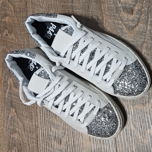 P448 White and Glitter Silver Sneakers Size 38 New - Picture 9 of 13